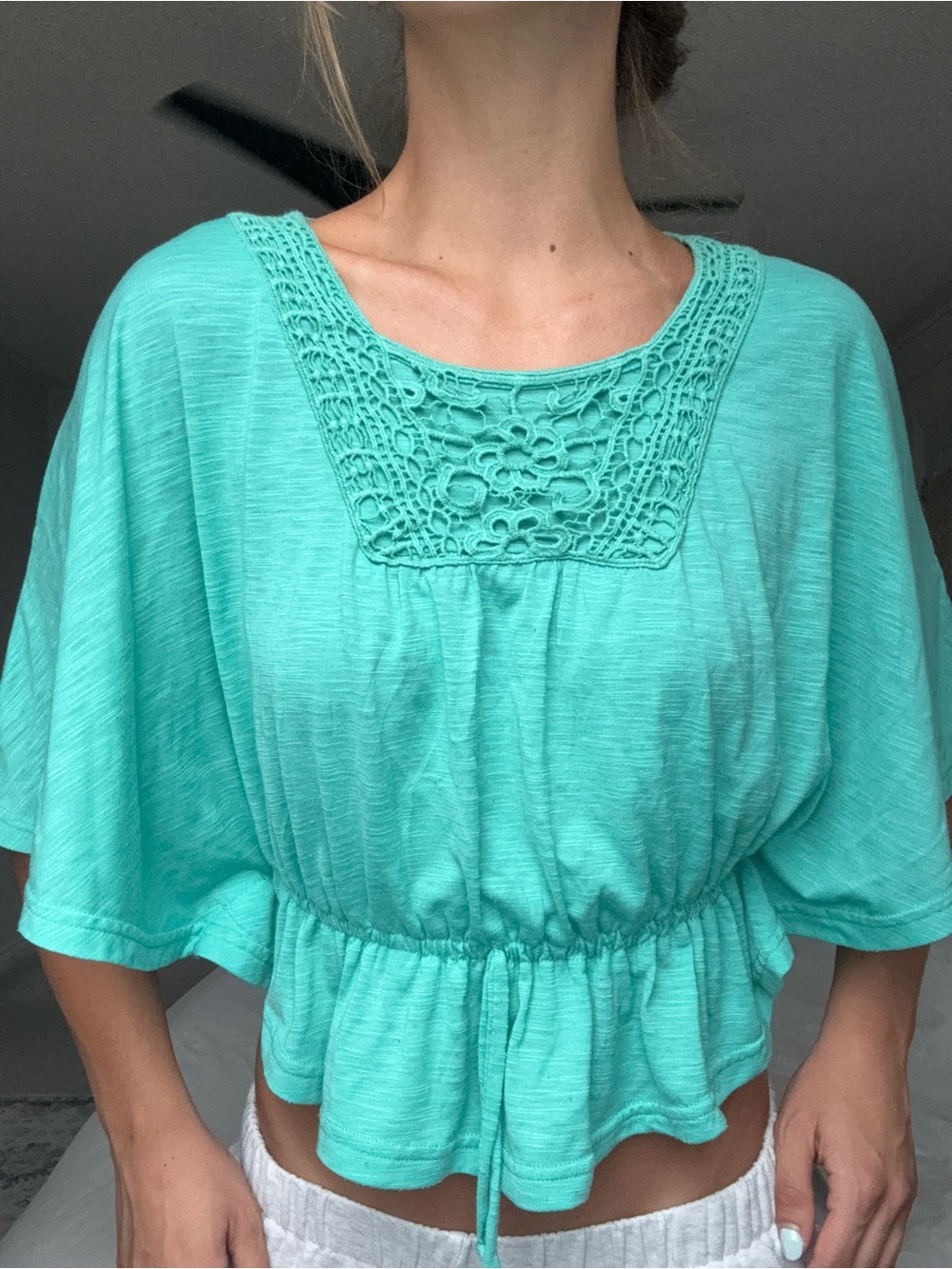 Womens Turquoise Crochet-Yoke Drawstring Peplum Top